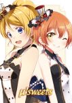  2girls ayase_eli back-to-back bare_shoulders blonde_hair blue_eyes brown_eyes grin hat hoshizora_rin long_hair looking_at_viewer love_live!_school_idol_project mini_top_hat multiple_girls one_eye_closed orange_hair ponytail scrunchie short_hair sleeveless sleeveless_shirt smile top_hat tsukasa_kinako wince 