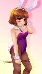  1girl animal_ears brown_hair bunny_tail bunnysuit character_request detached_collar drumsticks highres kakiikada necktie pantyhose rabbit_ears red_eyes short_hair tail touhou wrist_cuffs 