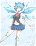 1girl alternate_costume blue_eyes blue_hair blue_skirt blush boots bow bracelet breasts cirno cleavage_cutout eyebrows hair_bow highres ice ice_wings jewelry knee_boots looking_at_viewer midriff mound_of_venus navel navel_cutout open_mouth pleated_skirt shirt short_hair short_sleeves skirt smile snowflakes solo touhou vest white_boots wings wristband yomi_(yomi14_pyaon) 