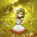  1girl black_hair bow coin copyright_name dress english gold grin hand_on_hip horns kijin_seija miracle_mallet money multicolored_hair ninniku_(ninnniku105) puffy_short_sleeves puffy_sleeves restrained rope short_sleeves smile streaked_hair sukuna_shinmyoumaru tied_up touhou 