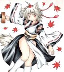  1girl absurdres animal_ears autumn_leaves blush breasts collarbone detached_sleeves fang hat highres inte_(whitewolftail) inubashiri_momiji kourindou_tengu_costume leaf looking_at_viewer no_panties red_eyes short_hair silver_hair simple_background solo sword tail tokin_hat touhou weapon white_background wolf_ears wolf_tail 