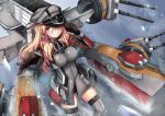  1girl armband bare_shoulders bismarck_(kantai_collection) black_panties blonde_hair blue_eyes blush brown_gloves detached_sleeves gloves grey_legwear hand_on_headwear hat hat_over_one_eye i.f.s.f iron_cross kantai_collection light_particles long_hair long_sleeves machinery military military_uniform outstretched_arm panties peaked_cap smile solo sparkle thigh-highs turret underwear uniform 