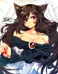  1girl animal_ears bare_shoulders blush breasts brooch brown_hair cleavage dated dress fingernails imaizumi_kagerou iroyopon jewelry large_breasts long_hair long_sleeves red_eyes signature sketch solo touhou wolf_ears 