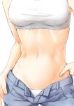    1girl abs breasts crop_top hands_on_hips head_out_of_frame highres navel niwatazumi original pants sketch solo tank_top unzipped 