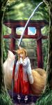  1girl absurdres animal_ears blonde_hair blue_eyes fox_ears fox_tail highres huge_weapon jaco japanese_clothes miko original shrine solo tail torii weapon 