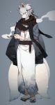  1boy fox_mask geta highres japanese_clothes kimono mask original pipe popokuri scarf short_hair silver_hair solo tail 