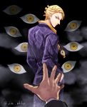  1boy blonde_hair blue_eyes eyes holiday-jin jewelry jojo_no_kimyou_na_bouken necklace outstretched_hand pov prosciutto solo twitter_username 