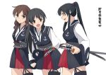  3girls adapted_costume agano_(kantai_collection) anchor_symbol black_hair brown_hair green_eyes kantai_collection katana kisetsu long_hair multiple_girls noshiro_(kantai_collection) open_mouth ponytail sword weapon white_background yahagi_(kantai_collection) 