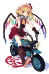  1girl ascot blonde_hair boots brown_gloves dress flandre_scarlet gloves goggles goggles_around_neck grin hat hat_ribbon looking_at_viewer mob_cap moped red_dress red_eyes retota ribbon sash shirt short_sleeves side_ponytail smile solo touhou wings 