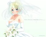  1girl alternate_costume alternate_hairstyle atago_(kantai_collection) blonde_hair blue_eyes bouquet breasts bridal_gauntlets bridal_veil dated dress elbow_gloves female flower gloves hair_up highres kantai_collection large_breasts looking_at_viewer off_shoulder smile solo tbd11 translation_request veil wedding_dress white_dress white_gloves 