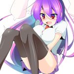  /\/\/\ 1girl absurdres animal_ears black_legwear blush breast_squeeze breasts bunny_tail fang gradient_eyes gradient_hair highres large_breasts lavender_hair long_hair miton15 multicolored_eyes multicolored_hair open_mouth rabbit_ears red_eyes reisen_udongein_inaba simple_background skirt solo tail tears touhou violet_eyes white_background 