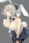  1girl :&lt; animal_ears between_breasts black_skirt blurry blush breasts bunny_tail bunnysuit character_request cleavage copyright_request depth_of_field detached_collar grey_background hand_on_own_chest headphones large_breasts looking_at_viewer necktie necktie_between_breasts pleated_skirt rabbit_ears short_hair shu-cem simple_background skindentation skirt solo spikes tail wrist_cuffs 