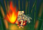  bamboo_forest bow fire flame forest fujiwara_no_mokou hair_bow hair_ribbon highres long_hair mei_(jewel_at_time) nature red_eyes ribbon silver_hair squat squatting suspenders touhou 