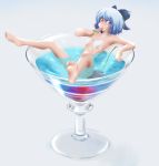  ao_usagi barefoot bikini blue_eyes bow cherry cirno cup feet flat_chest food fruit girl_in_a_cup hair_bow in_container in_cup legs martini_glass minigirl popsicle short_hair solo suika_bar swimsuit touhou 