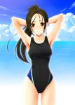  armpits arms_behind_head arms_up beach brown_hair cloud clouds competition_swimsuit long_hair one-piece_swimsuit orange_eyes ponytail source_request swimsuit 