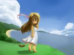   animal_ears barefoot beach blush clouds fang furry grass hat hill ka_(pixiv341010) landscape lion_ears lion_tail long_hair ocean open_mouth skirt sky smile solo straw_hat sun_hat tail water yellow_eyes  