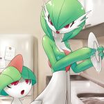  1girl angry breasts creatures_(company) dish dishwashing game_freak gardevoir gen_3_pokemon holding kitchen mother_and_daughter nintendo nme no_humans open_mouth personification poke_ball pokemon pokemon_(creature) pokemon_rse ralts red_eyes refrigerator 