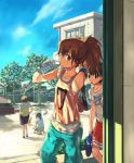  4girls brown_hair cat clothes_writing drinking gym_shorts igarashi_youhei jersey looking_at_viewer original outdoors pocari_sweat ponytail shoes sky sneakers sweat tomboy tree wet wristband 