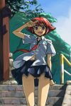  brown_eyes kanbara_satomi michael necktie no_panties red_hair saki salute school_uniform short_hair skirt solo unbuttoned 