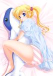 barefoot blue_eyes blush chemise hair_bobbles hair_ornament hug open_mouth original panties solo striped striped_panties stuffed_animal stuffed_toy tsubame_(pixiv) twintails underwear whale 