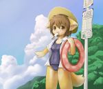   animal_ears bus_stop clouds dog_ears dog_tail furry hat innertube ka_(pixiv341010) mountain mouth_hold open_shirt popsicle school_swimsuit shirt sky solo straw_hat sun_hat swimsuit tail tree  