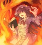  fire hands hat highres hitoto long_hair open_book open_mouth patchouli_knowledge purple_eyes purple_hair raised_hand ribbon touhou violet_eyes 