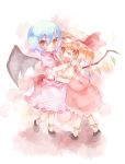  :d bad_id blonde_hair blue_hair blush fang faux_traditional_media flandre_scarlet hat highres hug looking_at_viewer multiple_girls no_hat no_headwear open_mouth red_eyes remilia_scarlet rowtan short_hair siblings sisters smile touhou wings wrist_cuffs 