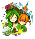  2girls closed_eyes flower green_hair gym_leader hair_over_shoulder momi_(pokemon) multiple_girls natane_(pokemon) orange_eyes orange_hair petals pokemon pokemon_(creature) pokemon_(game) pokemon_dppt roserade rotom smile ucchii 