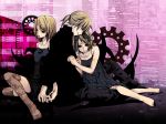  barefoot black_dress blonde_hair blue_eyes dress dual_persona green_eyes hair_ribbon ichizu kagamine_len kagamine_rin ribbon short_hair siblings thigh-highs thighhighs twins vocaloid 