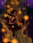  blonde_hair book cape cat curly_hair glow glowing halloween hat luke_(artist) luke_uehara original pumpkin skull solo tree wand witch witch_hat 