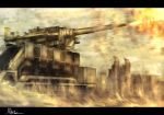  akakatta_(pixiv71321) cannon dirt dust fire firing letterboxed military no_humans railway_gun signature smoke war weapon 