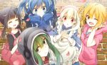  5girls apron black_hair blonde_hair blue_eyes blue_hair brown_eyes closed_eyes dress ene_(kagerou_project) green_hair happy hiyori_(kagerou_project) hoodie jewelry kagerou_project key kido_(kagerou_project) kisaragi_momo long_hair mary_(kagerou_project) multiple_girls necklace petals red_eyes rirako side_ponytail smile twintails wink 