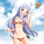  bikini blue_hair breasts brown_eyes cleavage crossover gundam gundam_00 long_hair mound_of_venus navel open_mouth parody side-tie_bikini smile soma_peries soul_eater sun swimsuit 