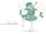  backpack bag barefoot blue_eyes blue_hair boots feet hair_bobbles hair_ornament hat highres holding holding_shoes itoyo kawashiro_nitori key short_hair sleeves_rolled_up touhou twintails wading water 
