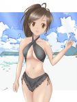  1girl beach brown_eyes brown_hair dark_skin female freesia_york purslane senjou_no_valkyria sky solo swimsuit 