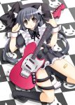  animal_ears bandaid black_hair brown_eyes cat_ears cat_tail checkered dress electric_guitar enmaided guitar instrument k-on! lying maid mustang(guitar) nakano_azusa ojitcha solo tail twintails wrist_cuffs 