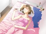  bed bedroom brown_hair camisole closed_eyes digital_media_player earphones headphones idolmaster ipod nintendo_ds nonowa panties panties_on_head pillow product_placement sleeping thesale underwear 