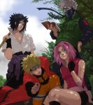  blonde_hair green_eyes grey_hair haruno_sakura hatake_kakashi katana luke_(artist) luke_uehara mask naruto ninja outdoors pink_hair scroll sky smile sword team7 uchiha_sasuke uzumaki_naruto weapon 