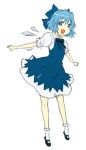  blue_hair bow cirno dress hair_bow lowres mary_janes open_mouth outstretched_arms ribbon shoes short_hair smile socks spread_arms tiptoes touhou white_legwear white_socks wings 