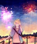  aerial_fireworks bad_id blonde_hair casual cityscape closed_eyes fire_flower_(vocaloid) fireworks headphones hoodie kagamine_len male mig_(36th_underground) night short_hair smile solo vocaloid 