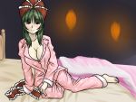  bed breasts cleavage green_eyes green_hair hair_ribbon kagiyama_hina pajamas ribbon short_hair statue_of_moyai touhou 