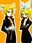  blonde_hair brother_and_sister gekokujou_(vocaloid) green_eyes hair_ribbon kagamine_len kagamine_rin pants ribbon sarashi short_hair siblings smile twins vocaloid 