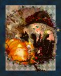  bat berries black_cat broom candle candy cat corset curly_hair elbow_gloves flower ghost gloves glow glowing green_eyes halloween hat highres light_brown_hair luke_(artist) luke_uehara moth original pumpkin ribbon rose signature solo star wand witch witch_hat 