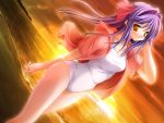  brown_eyes dutch_angle floralia game_cg hoodie lens_flare long_hair masaharu ocean one-piece one-piece_swimsuit purple_hair ribbon shirase_ui sunset swimsuit water 