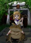  blonde_hair detached_sleeves eyes frog hat ichirou_(hajimari) moriya_suwako purple_eyes riding short_hair torii touhou violet_eyes 