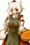  apron bad_id detached_sleeves hat inubashiri_momiji pie red_eyes shinobe short_hair tail tokin_hat touhou white_hair wolf_ears wolf_tail 