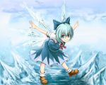 bent_over blue_(pixiv) blue_eyes blue_hair bow cirno dress hair_bow ice outstretched_arms short_hair solo spread_arms touhou water wings 