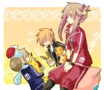  1girl 2boys aruya_(flosrota) bad_id blonde_hair blue_(pokemon) charmander eevee hair_up hat multiple_boys ookido_green pikachu pokemon pokemon_(creature) pokemon_(game) pokemon_frlg red_(pokemon) squirtle 