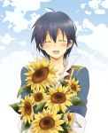  blue_hair closed_eyes flower highres male natsu_(pixiv466254) simon sky smile solo sunflower tengen_toppa_gurren_lagann 