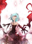  blue_hair elbow_gloves gloves hair_over_one_eye jewelry necklace outstretched_arms red_eyes remilia_scarlet short_hair solo spread_arms tokomichi touhou 